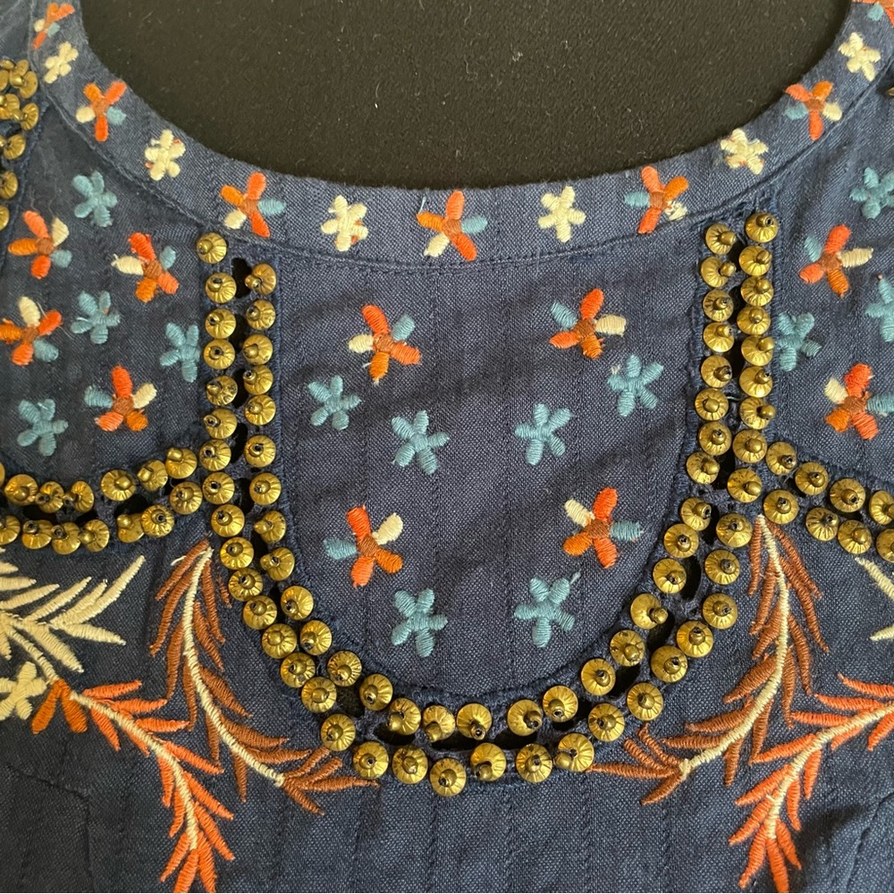 ANTHROPOLOGIE Blue Embroidered Dress with Flutter Sleeves. Lined. Pockets. Sm - Picture 5 of 13